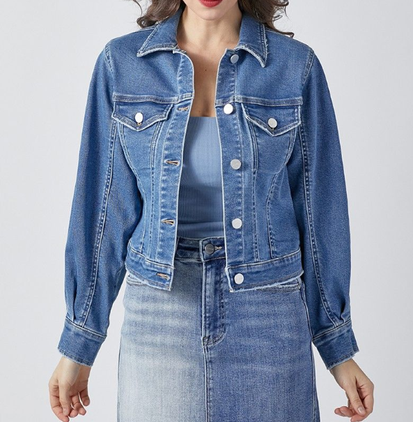 "Johnnie" Short Waisted Denim Jacket (Medium Blue)-Lola Monroe Boutique