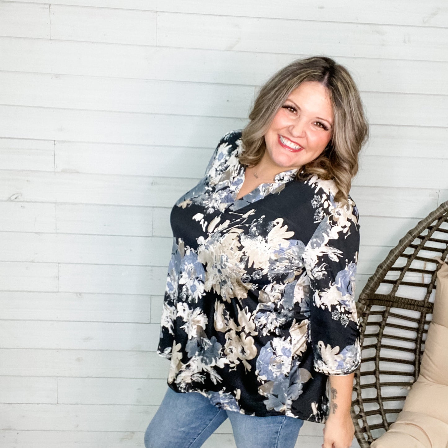 "Journey" Floral Lizzy 3/4 Sleeve Split Neck