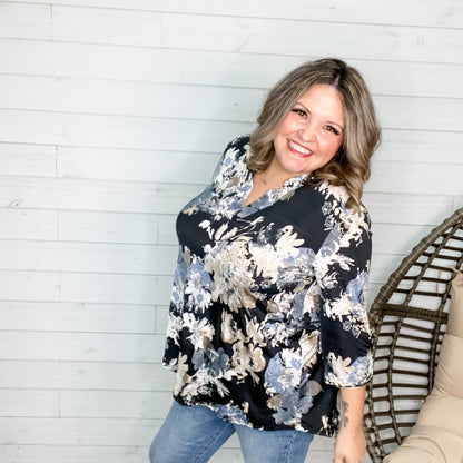 "Journey" Floral Lizzy 3/4 Sleeve Split Neck