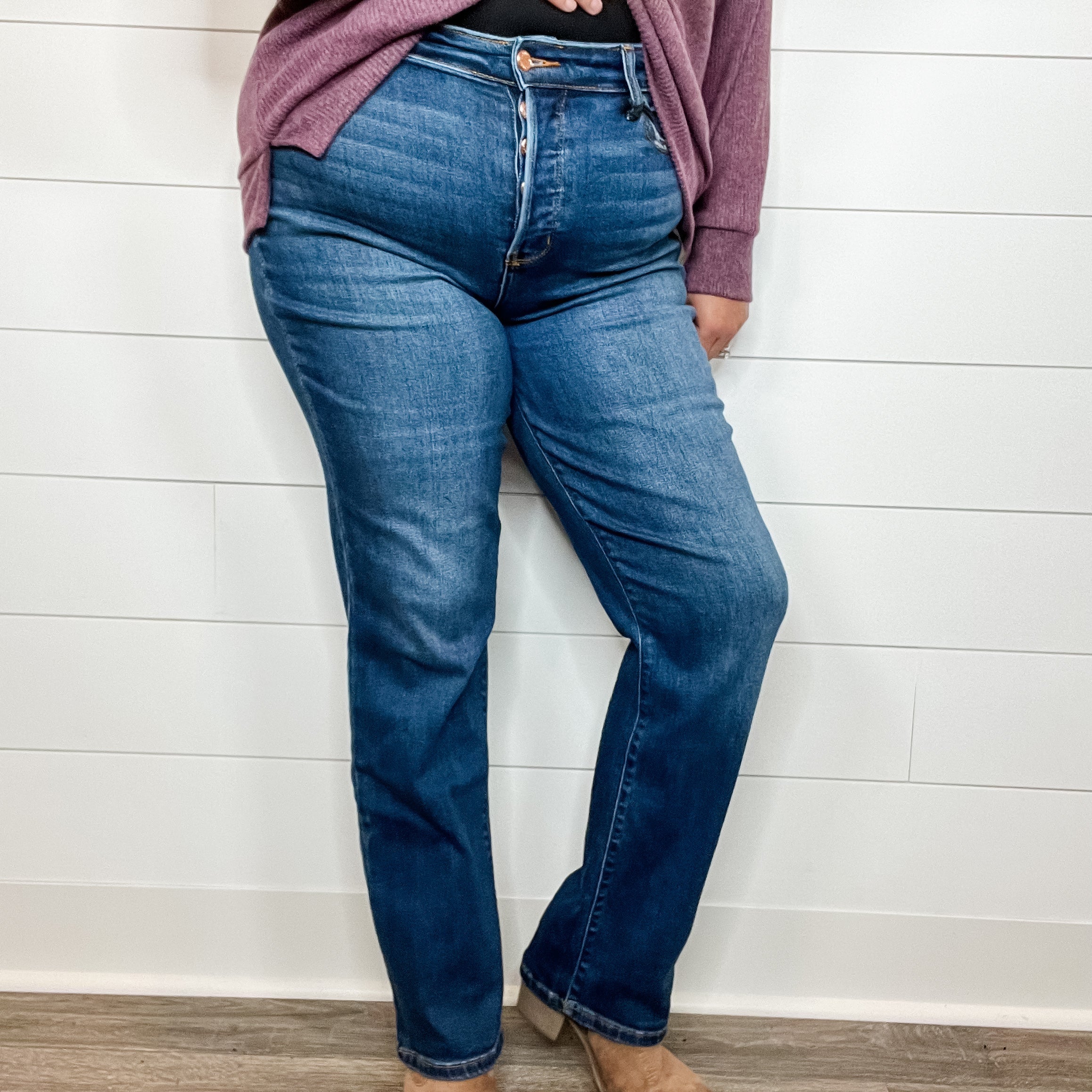 Judy Blue "Blue Morpho" Hidden Buttonfly Straight Leg Dad Jeans-Lola Monroe Boutique