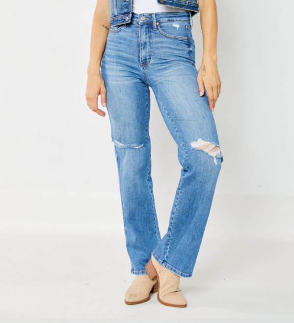 Judy Blue "Breakfast Club" Tummy Control Distressed Straight Leg Jeans-Lola Monroe Boutique