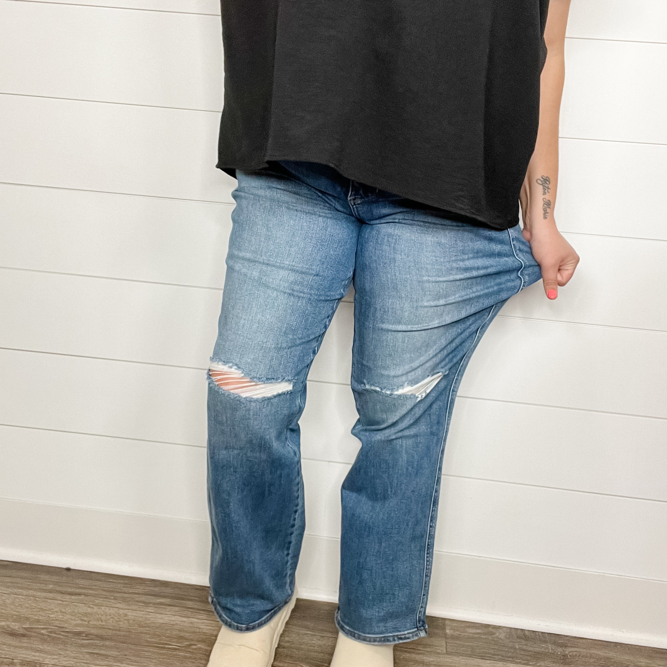 Judy Blue "Breakfast Club" Tummy Control Distressed Straight Leg Jeans-Lola Monroe Boutique