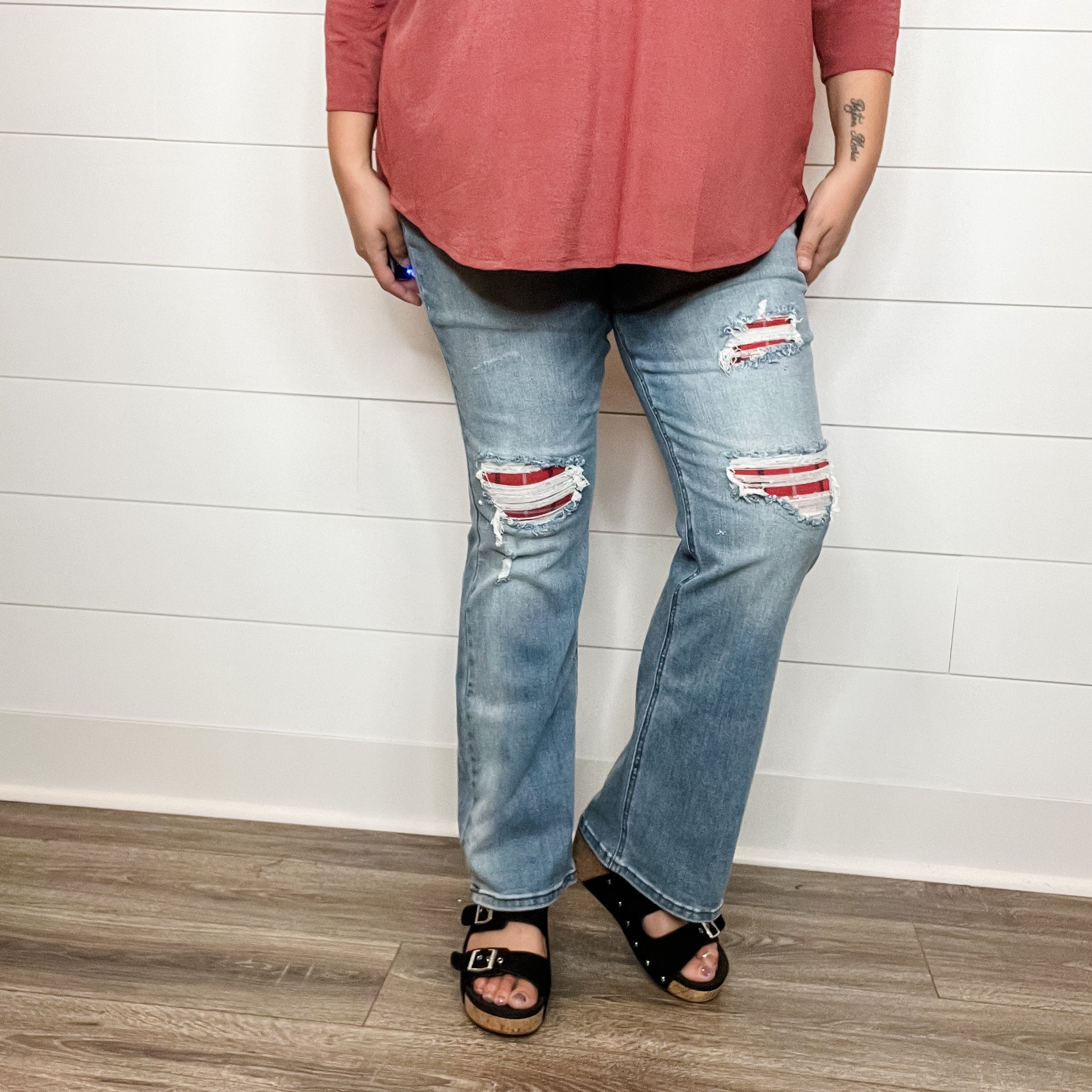 Judy Blue "Buffy" Buffalo Plaid Patch Bootcut Jeans-Lola Monroe Boutique