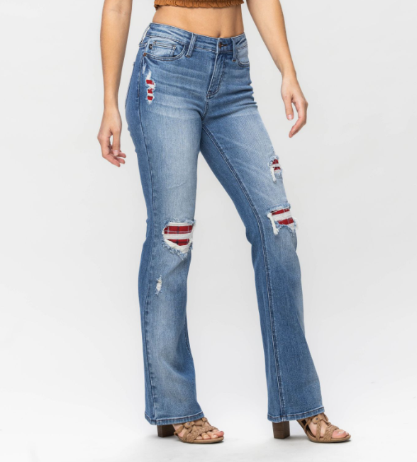 Judy Blue "Buffy" Buffalo Plaid Patch Bootcut Jeans-Lola Monroe Boutique
