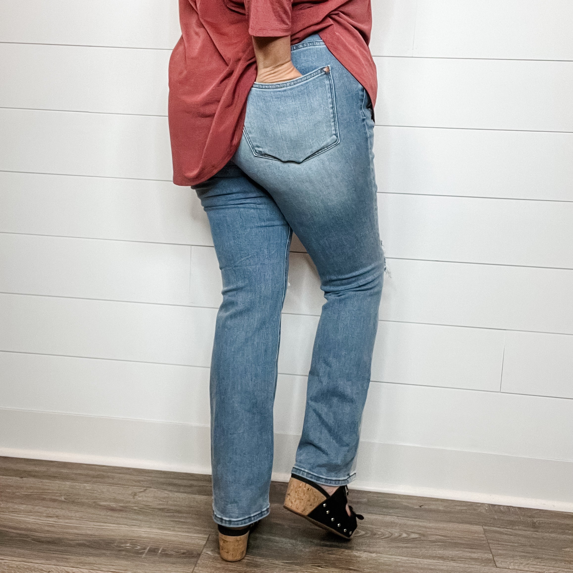 Judy Blue "Buffy" Buffalo Plaid Patch Bootcut Jeans-Lola Monroe Boutique