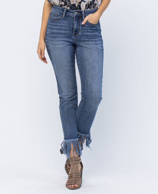 Judy Blue "Cowgirl Up" Fringe Relaxed Fit Jeans-Lola Monroe Boutique