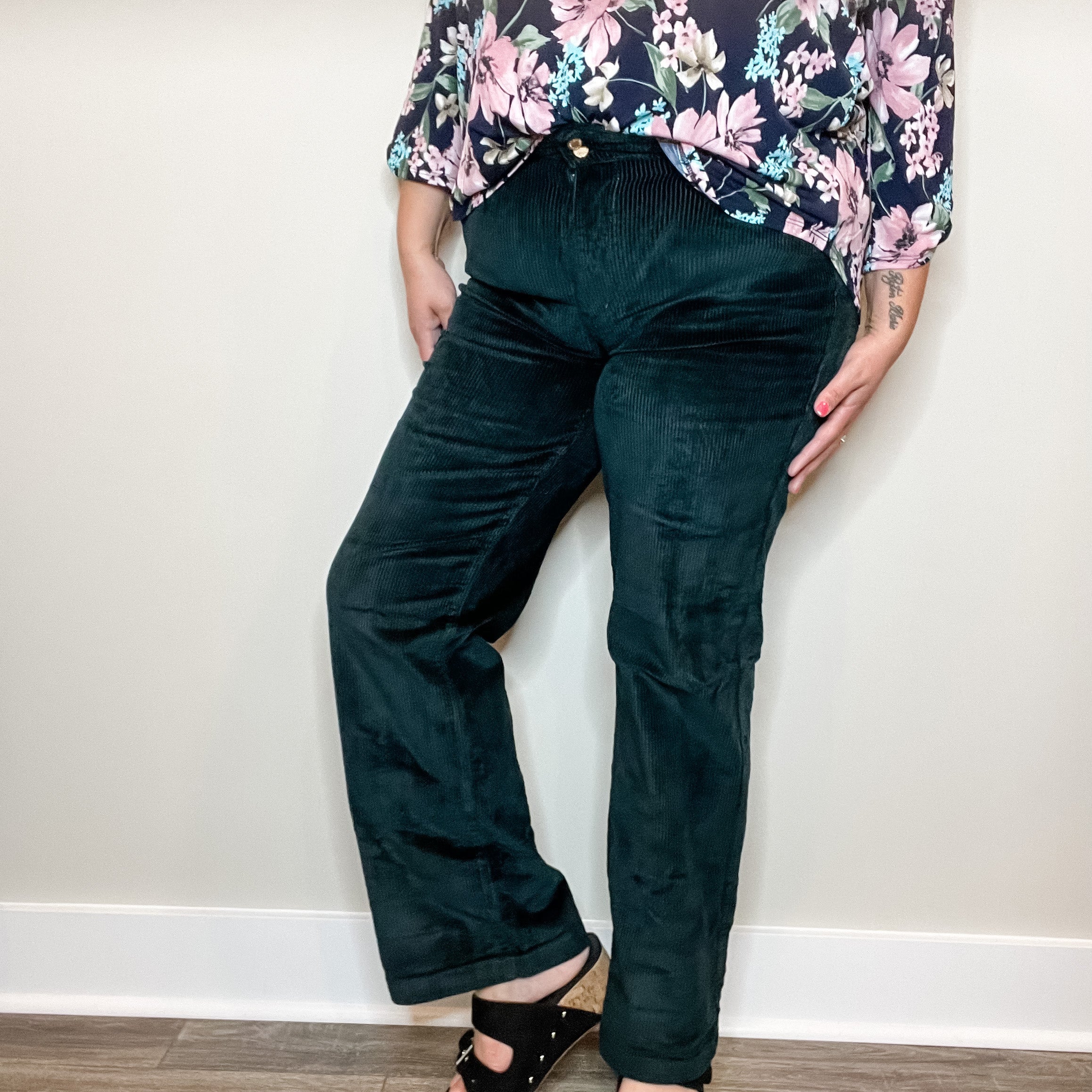 Judy Blue Emerald Corduroy Trouser Wide Leg-Lola Monroe Boutique