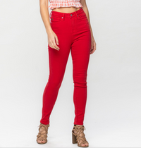 Judy Blue "Fire Engine" Red Tummy Control Skinny Jeans-Lola Monroe Boutique