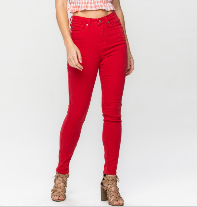 Judy Blue "Fire Engine" Red Tummy Control Skinny Jeans-Lola Monroe Boutique