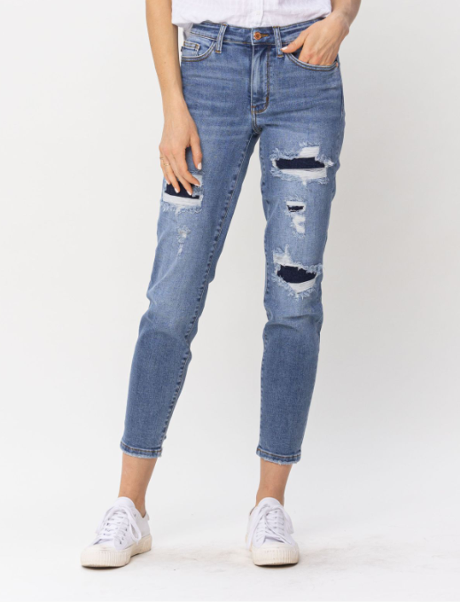 Judy Blue "Girl Scout" Denim Patch Relaxed Fit Jeans-Lola Monroe Boutique