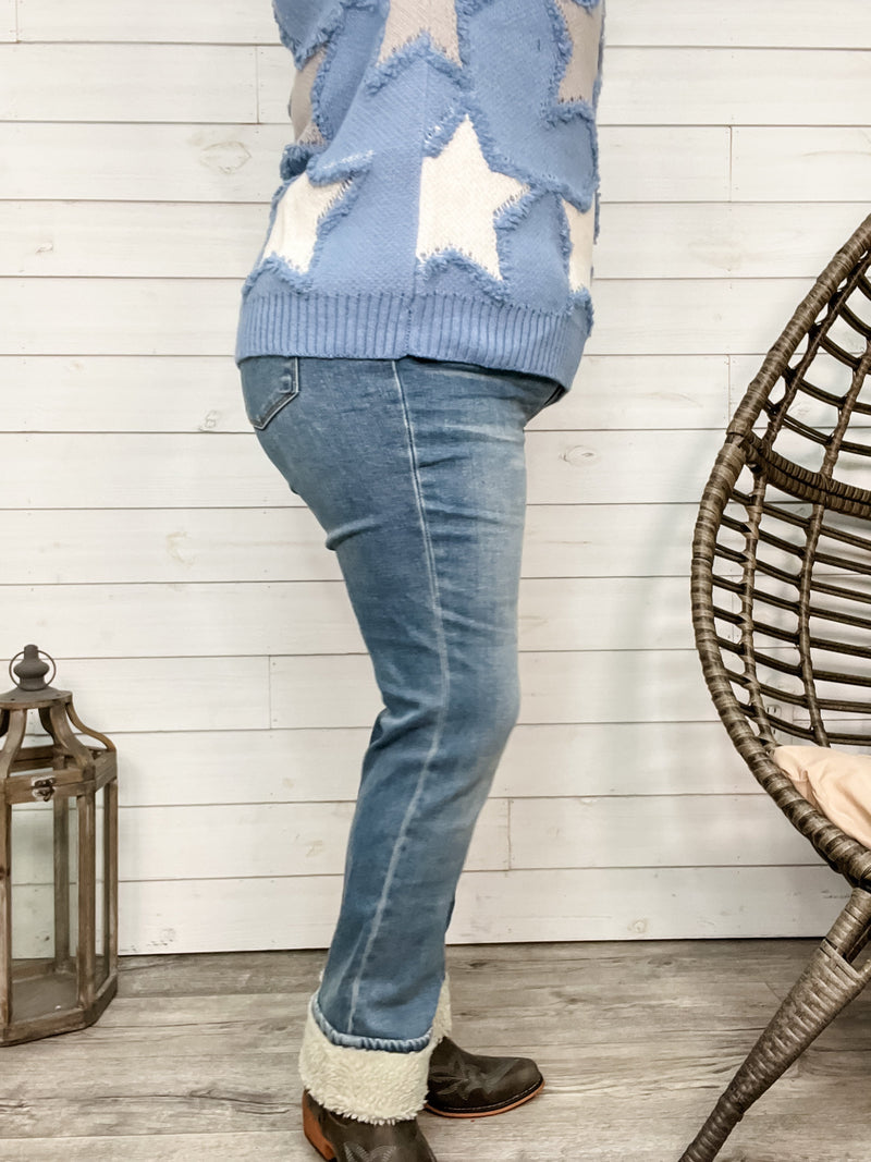 Judy Blue "He's Real" Sherpa Straight Leg Jeans-Lola Monroe Boutique