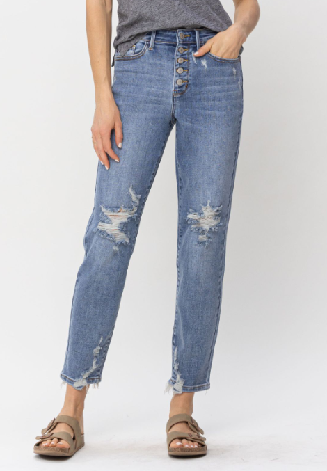 Judy Blue "Hey Geronimo" Buttonfly Boyfriend Jeans-Lola Monroe Boutique