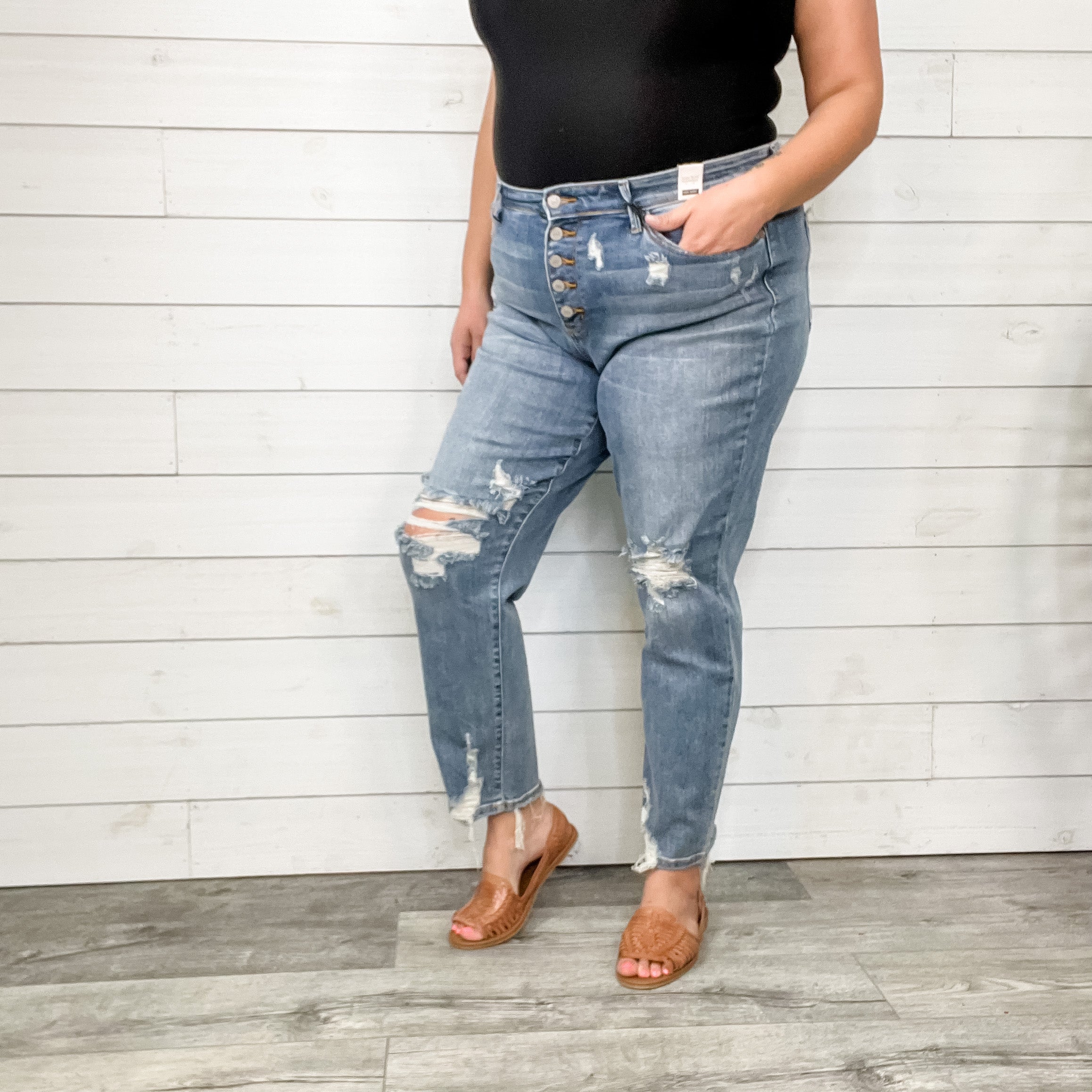 Judy Blue "Hey Geronimo" Buttonfly Boyfriend Jeans-Lola Monroe Boutique