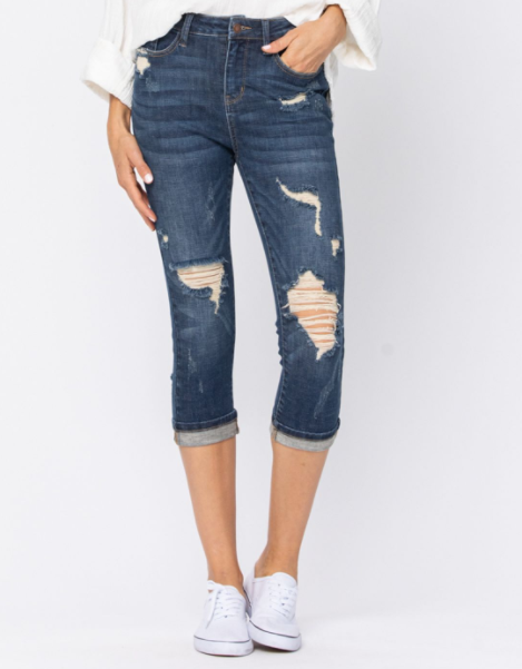 Judy Blue "Hey Shorty" Mid Rise Distressed Capri-Lola Monroe Boutique