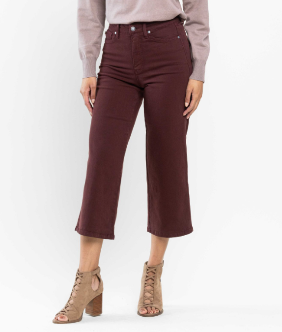 Judy Blue "Paul Bunyan" Oxblood Wide Leg Crops-Lola Monroe Boutique