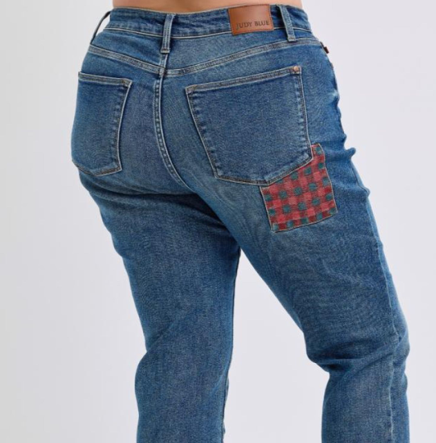 Judy Blue Plaid Patch Pocket Slim Fit Jeans