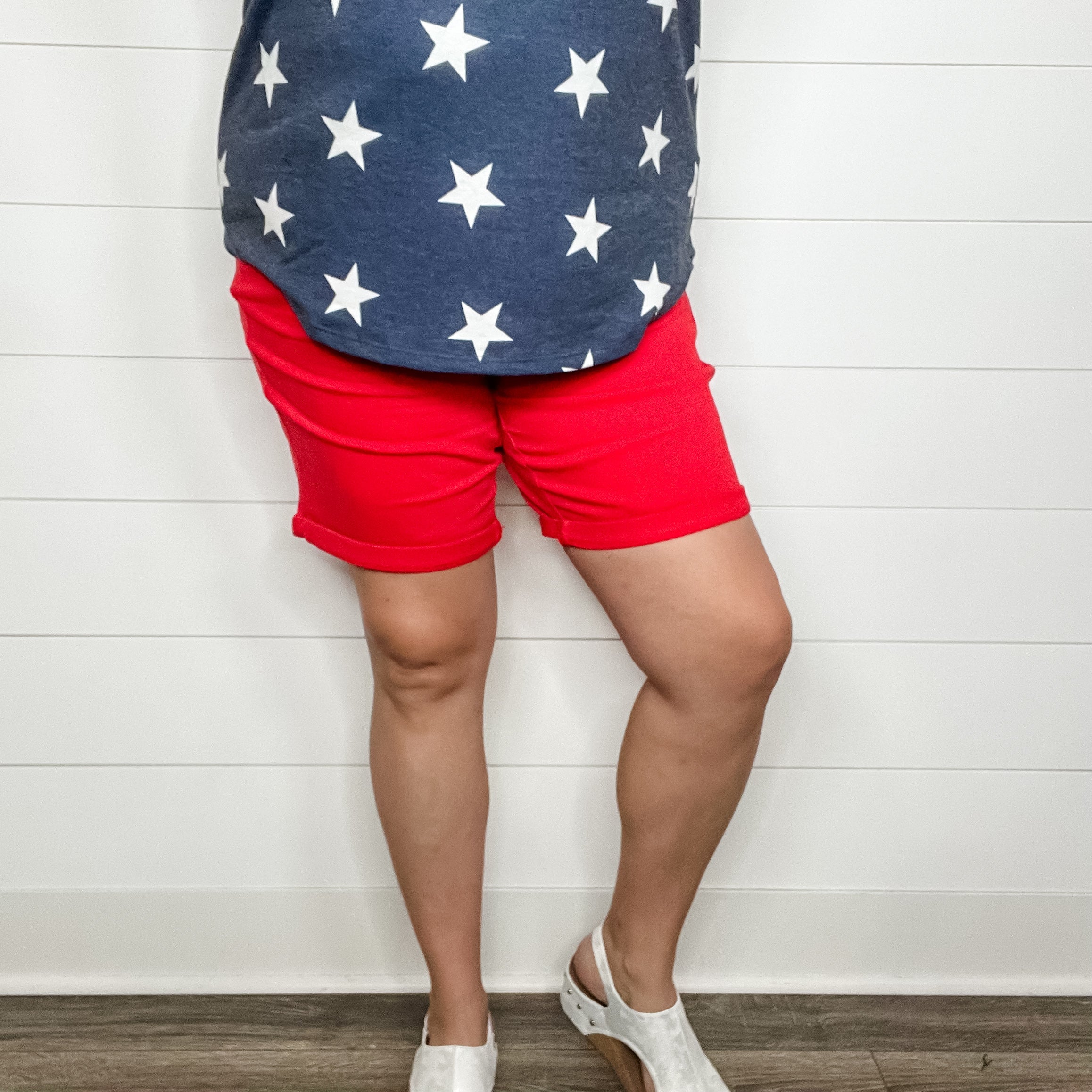 Judy Blue "Red Alert" Tummy Control Red Bermuda Shorts-Lola Monroe Boutique