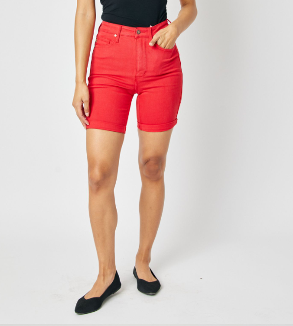 Judy Blue "Red Alert" Tummy Control Red Bermuda Shorts-Lola Monroe Boutique