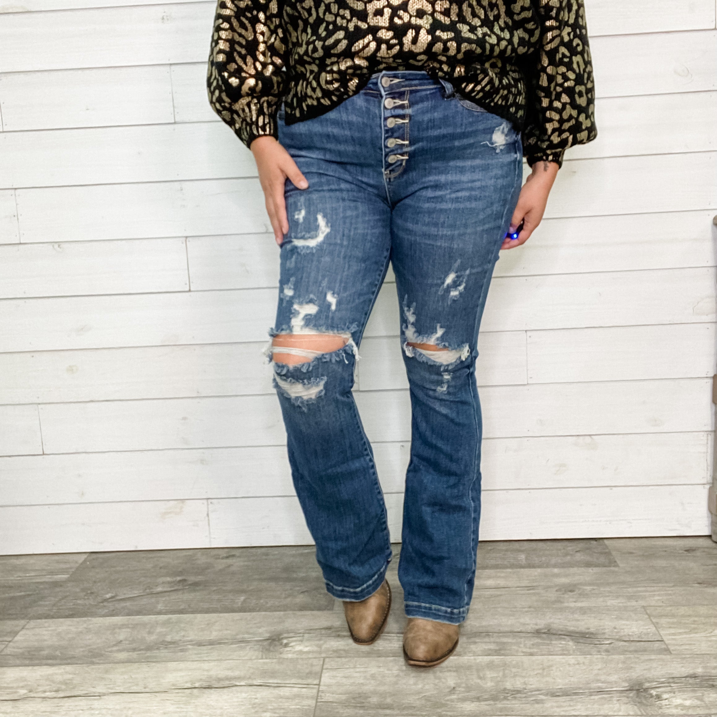 Judy Blue "Saddle Up" Buttonfly Flare Jeans-Lola Monroe Boutique