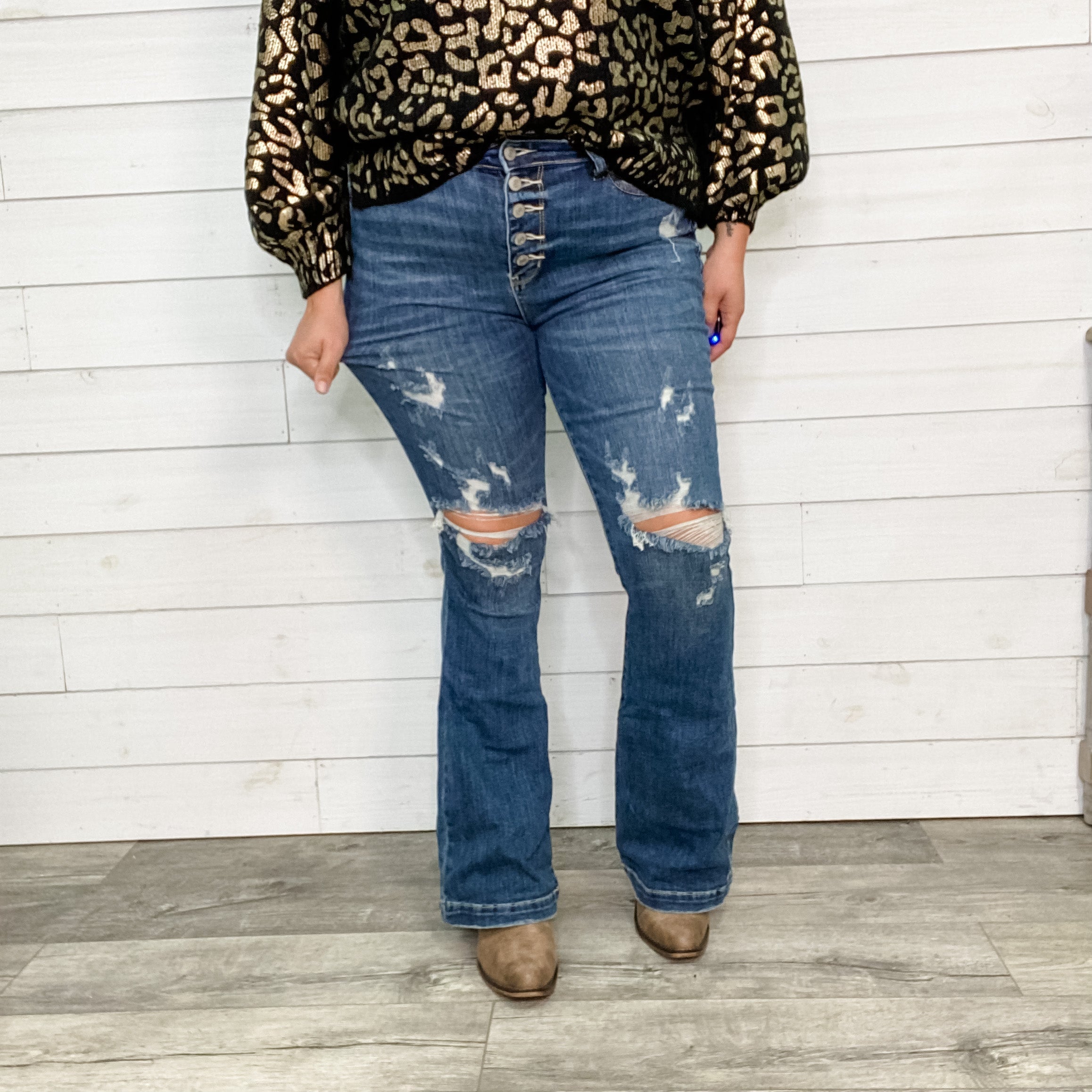 Judy Blue "Saddle Up" Buttonfly Flare Jeans-Lola Monroe Boutique