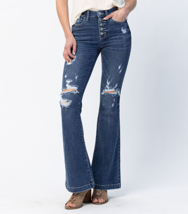 Judy Blue "Saddle Up" Buttonfly Flare Jeans-Lola Monroe Boutique