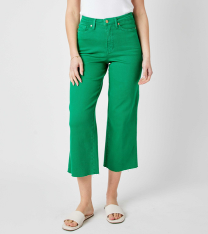 Judy Blue "Seeing Green" Kelly Green Tummy Control Wide Leg Crops