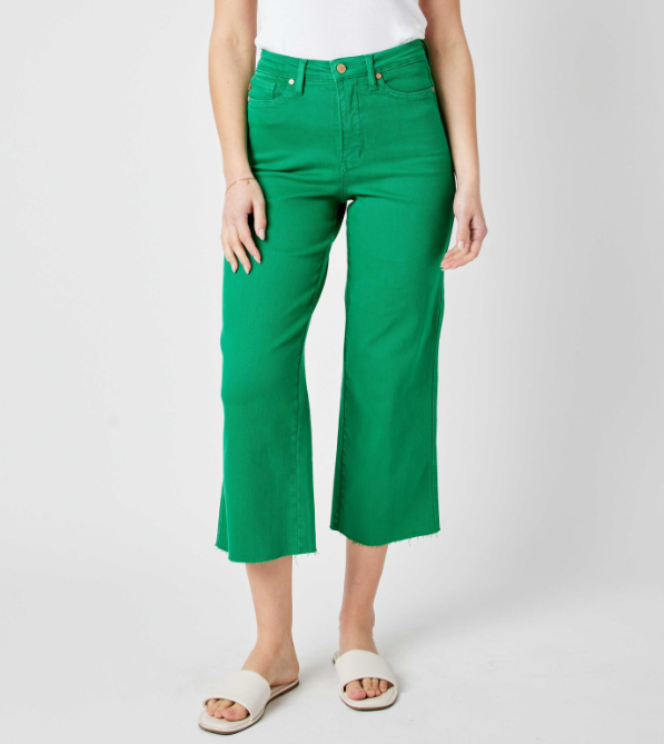 Judy Blue "Seeing Green" Kelly Green Tummy Control Wide Leg Crops-Lola Monroe Boutique