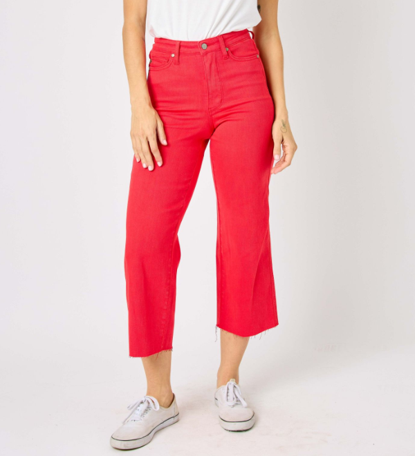 Judy Blue "Seeing Red" Tummy Control Wide Leg Crops-Lola Monroe Boutique