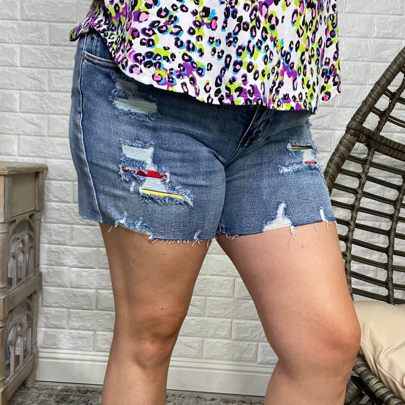 Judy Blue Serape Patch Mid Thigh Shorts-Lola Monroe Boutique