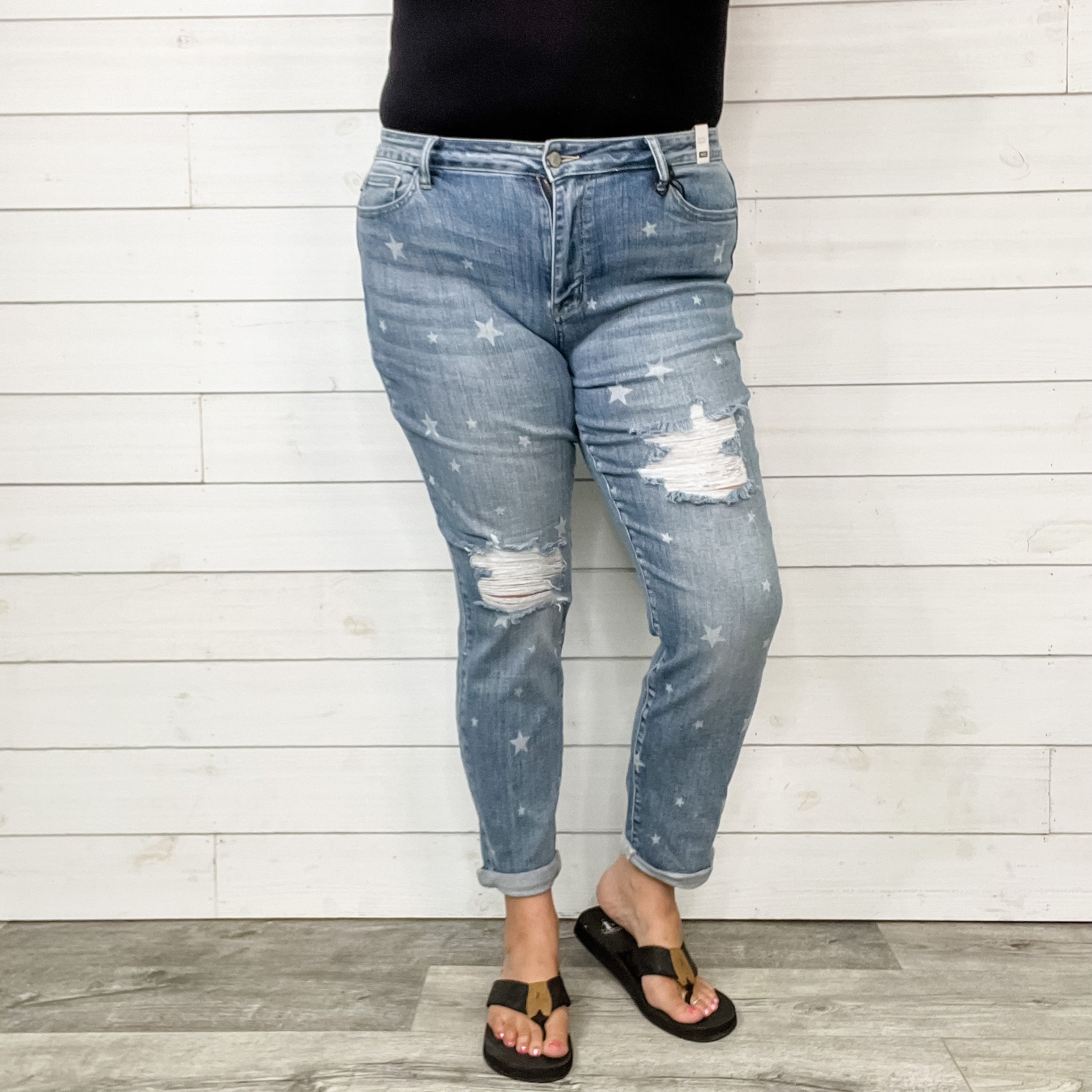 Judy Blue Star Print Boyfriend Jeans-Lola Monroe Boutique