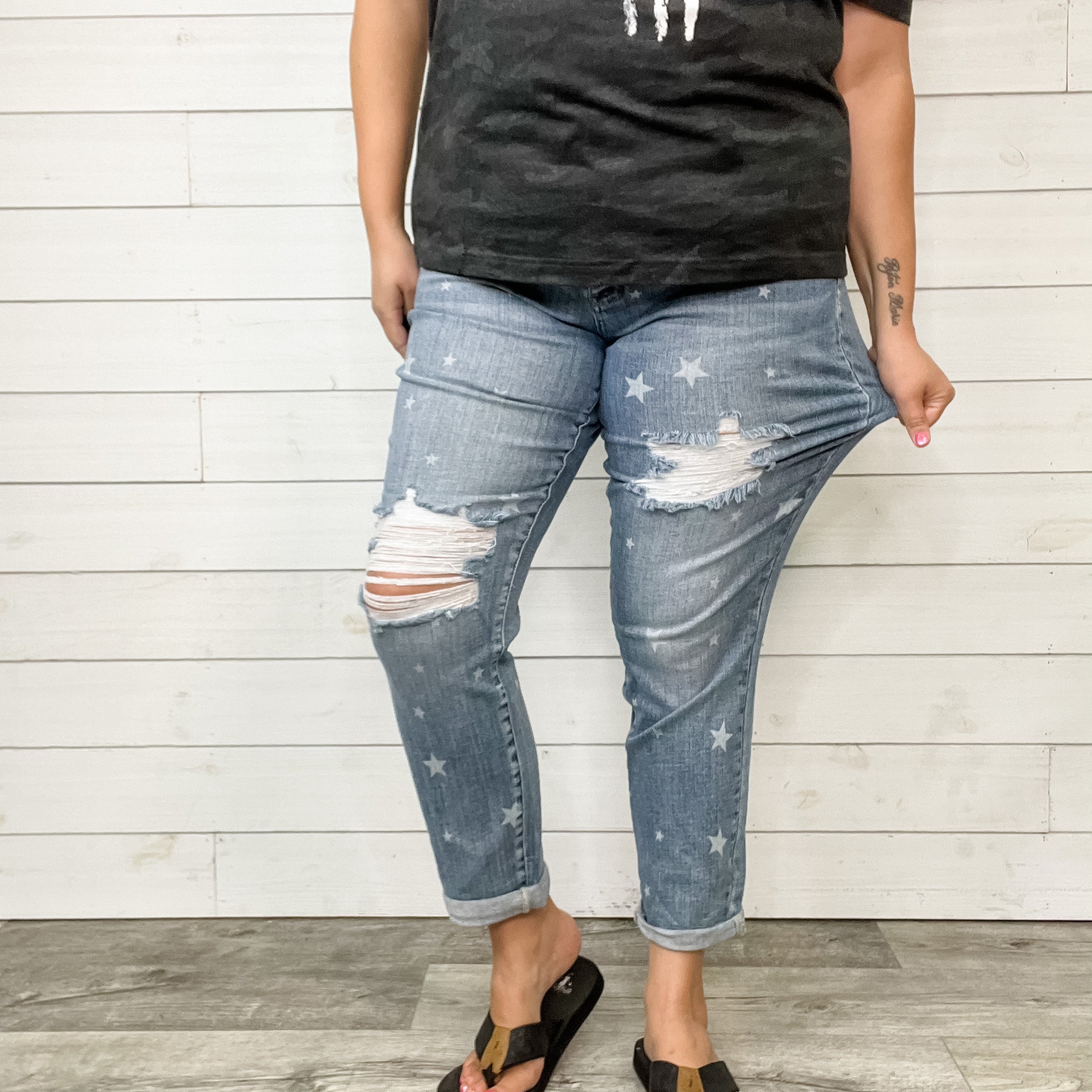 Judy Blue Star Print Boyfriend Jeans-Lola Monroe Boutique