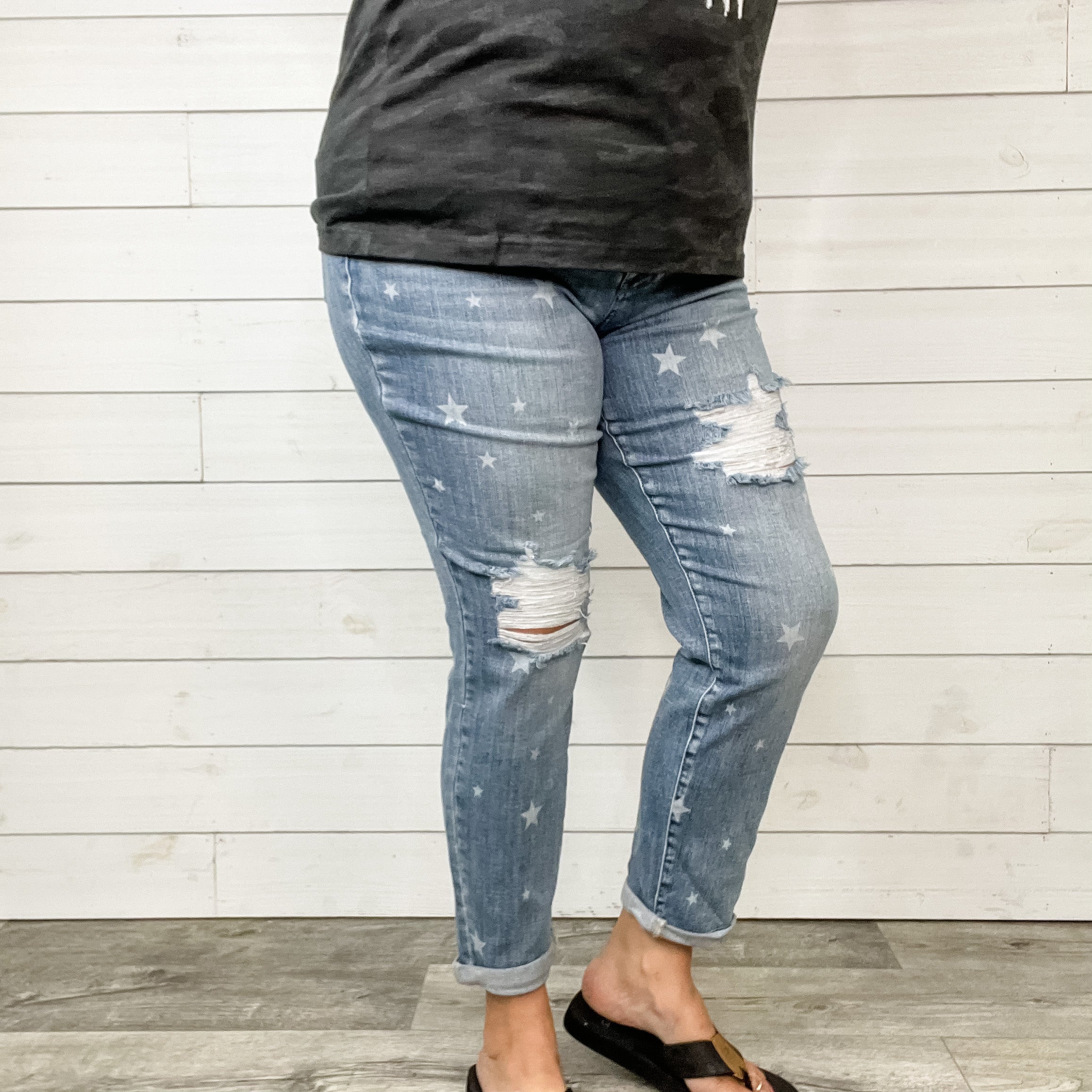 Judy Blue Star Print Boyfriend Jeans-Lola Monroe Boutique