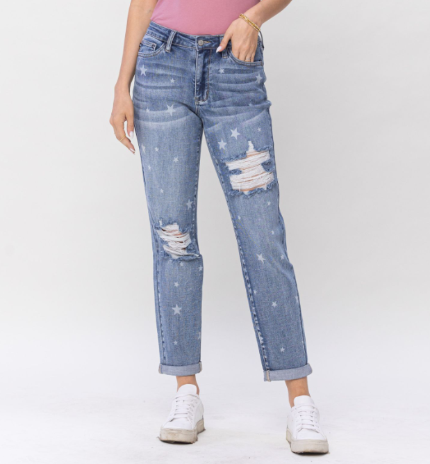 Judy Blue Star Print Boyfriend Jeans-Lola Monroe Boutique