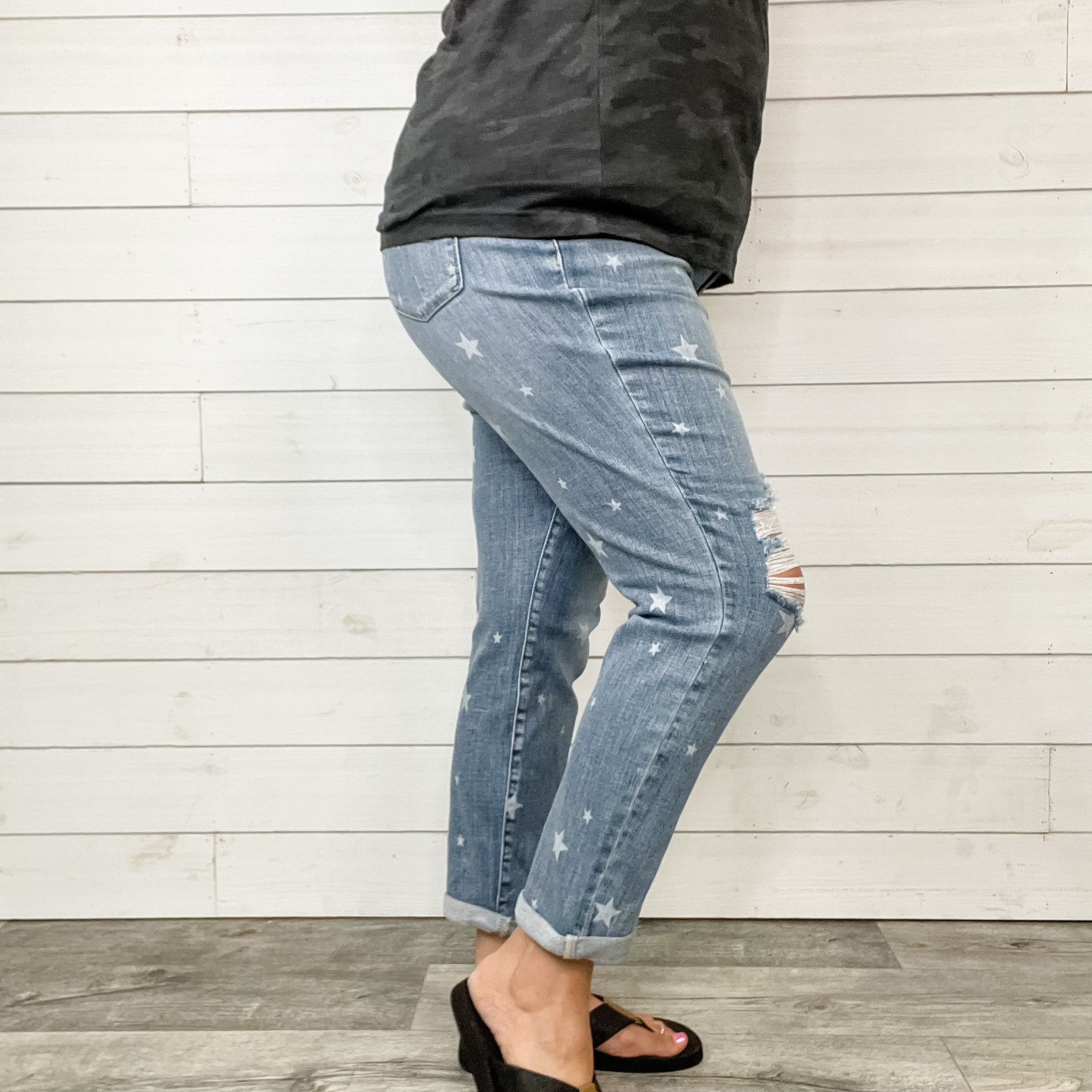 Judy Blue Star Print Boyfriend Jeans-Lola Monroe Boutique