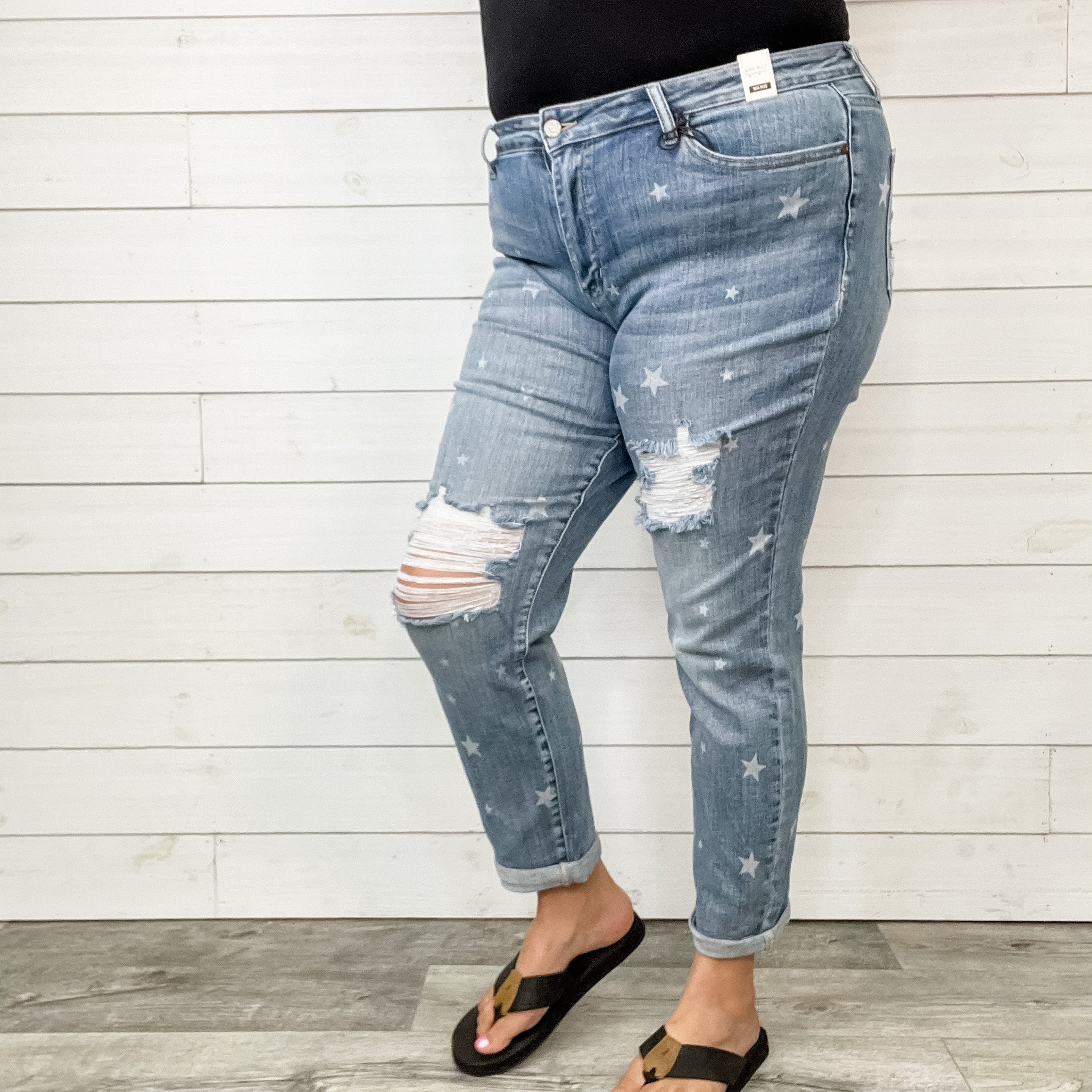 Judy Blue Star Print Boyfriend Jeans-Lola Monroe Boutique