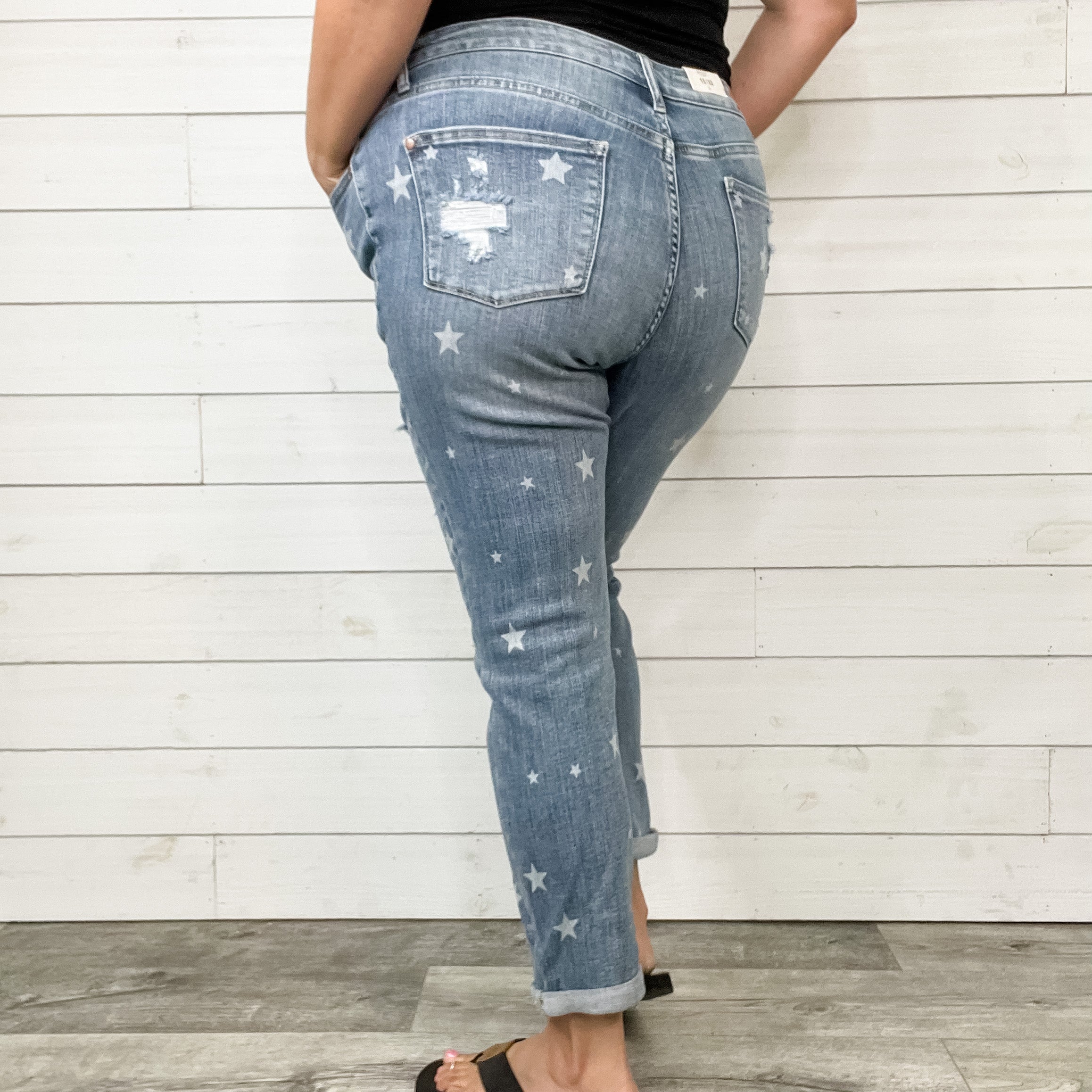 Judy Blue Star Print Boyfriend Jeans-Lola Monroe Boutique