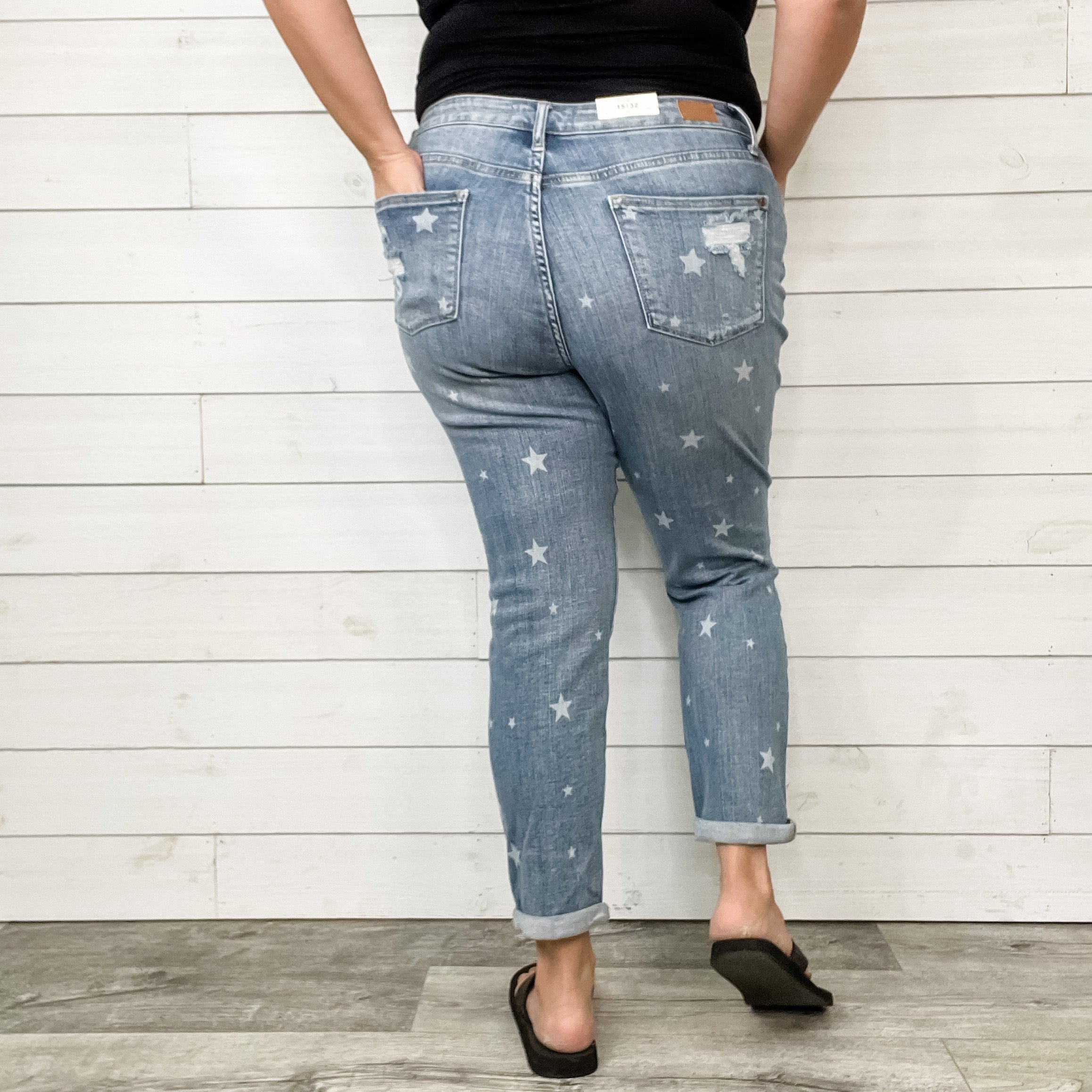 Judy Blue Star Print Boyfriend Jeans-Lola Monroe Boutique