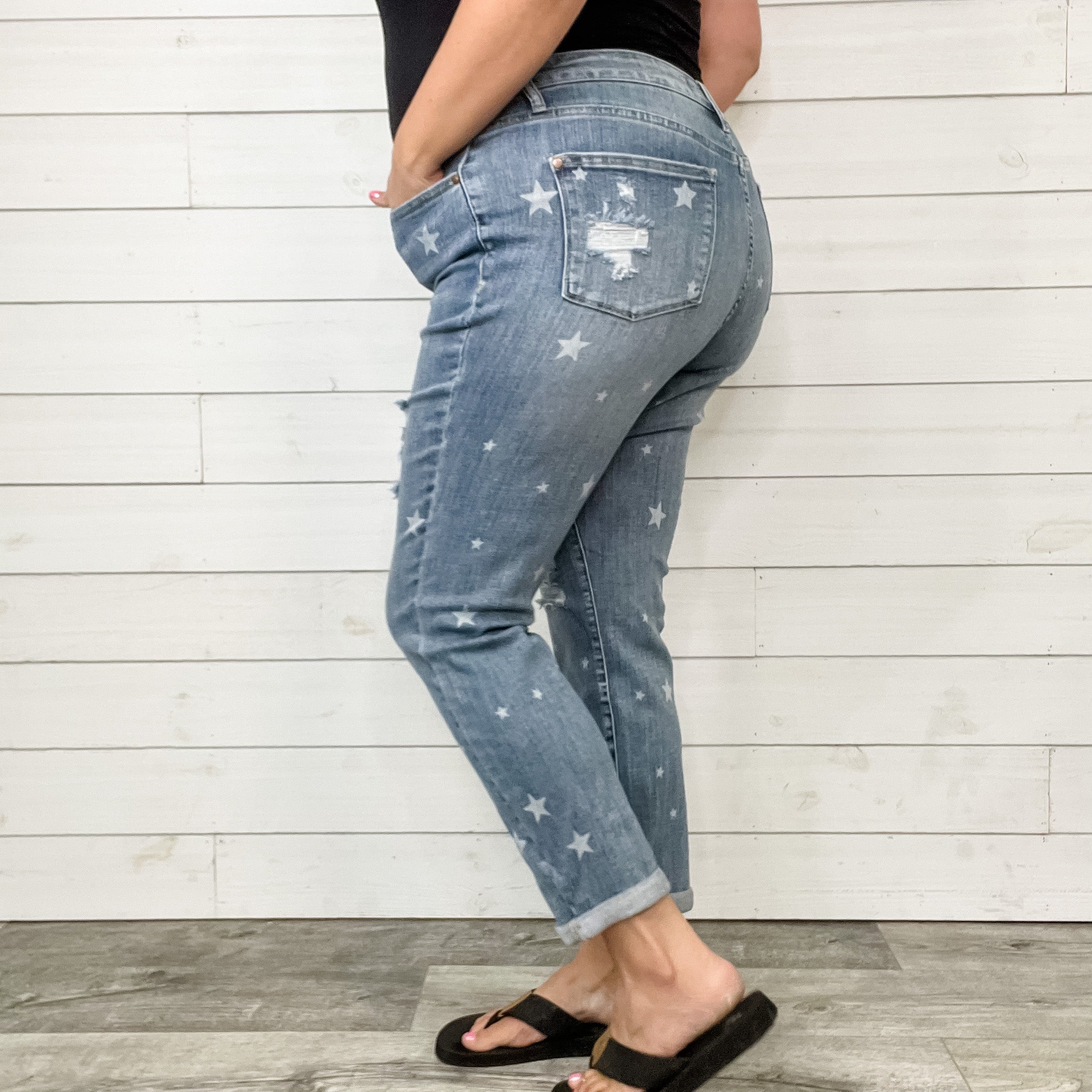 Judy Blue Star Print Boyfriend Jeans-Lola Monroe Boutique