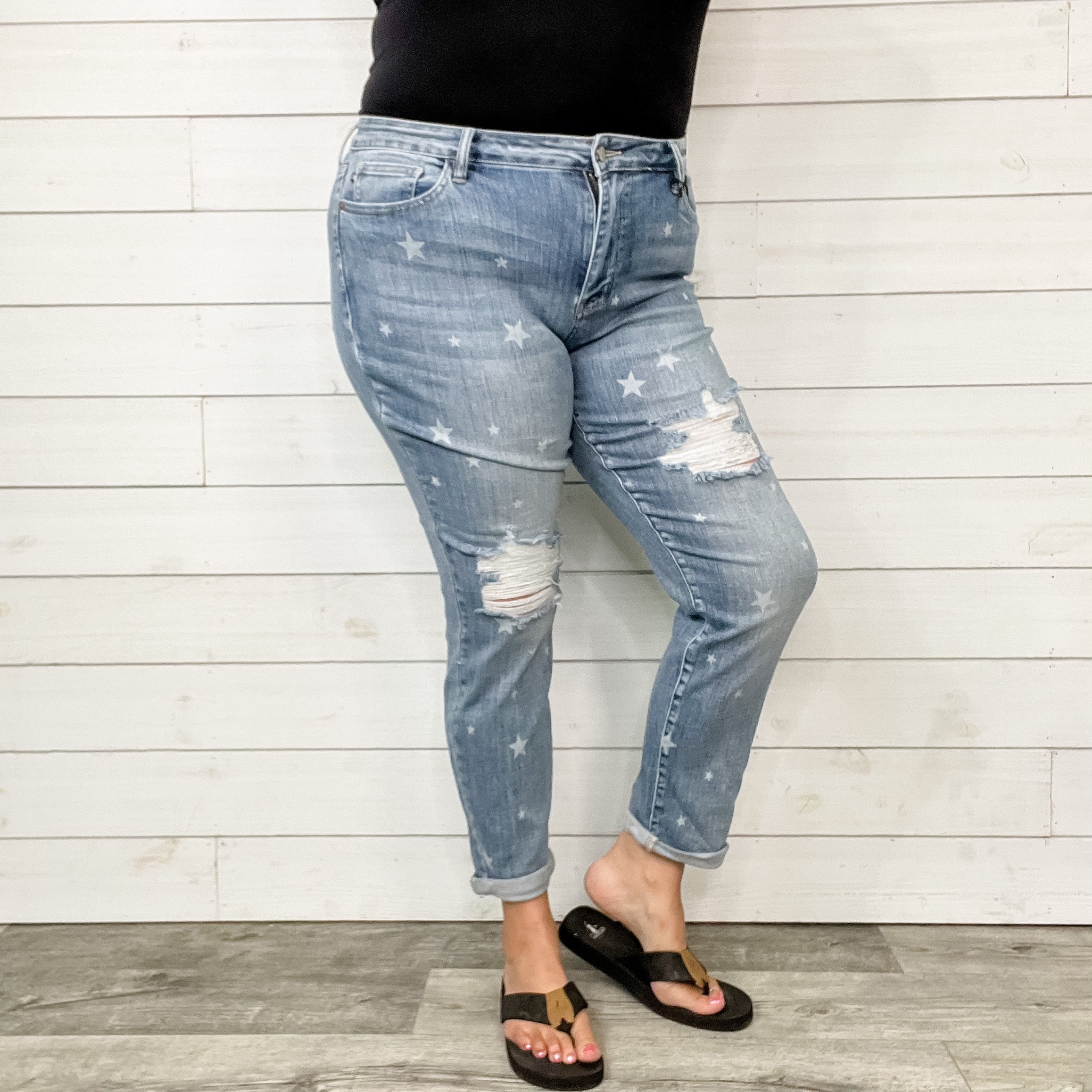 Judy Blue Star Print Boyfriend Jeans-Lola Monroe Boutique