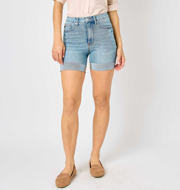 Judy Blue "Stone Cold" Cooling Denim Tummy Control Cuffed shorts-Lola Monroe Boutique