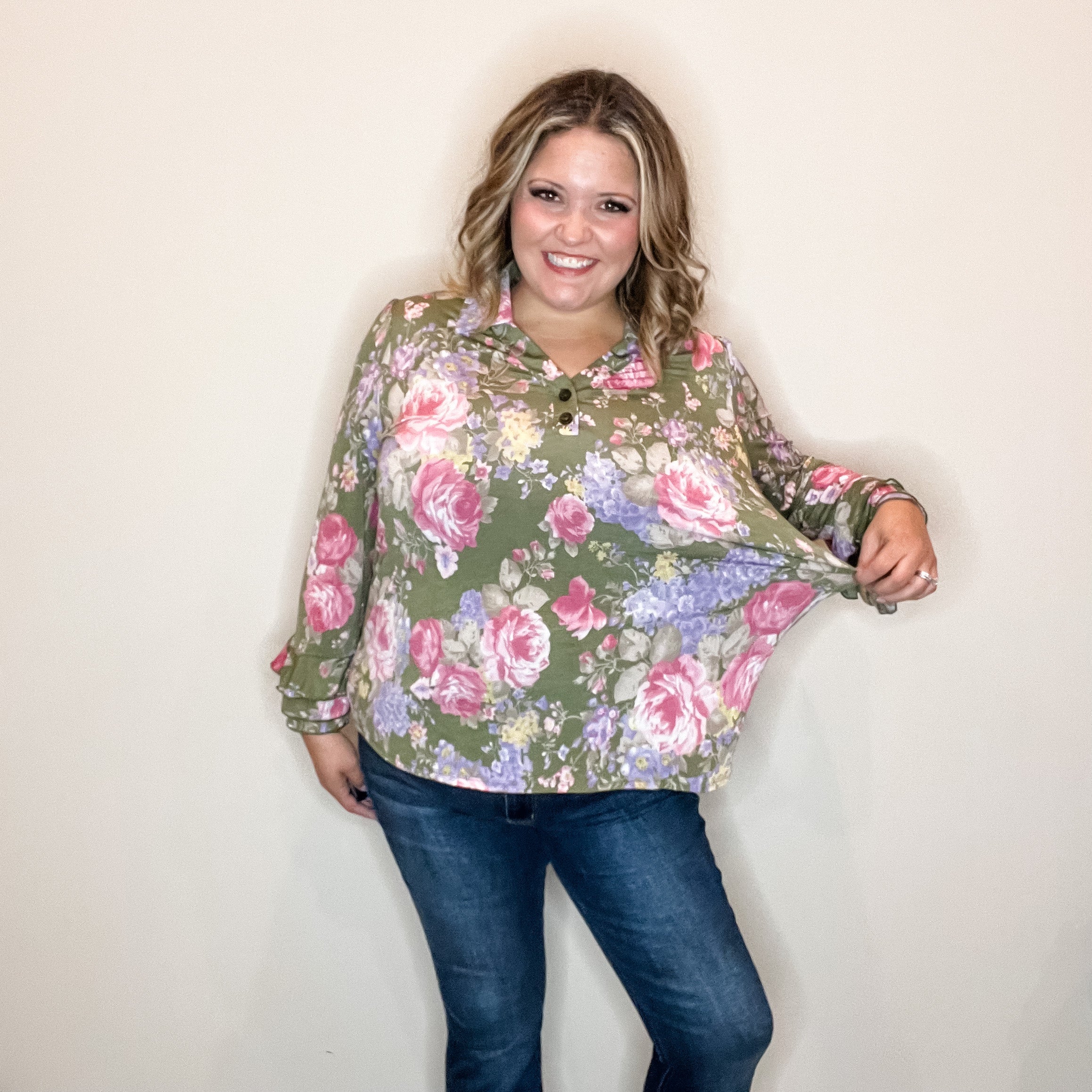 "Jump Right In" Ruffle Long Sleeve Collared V Neck with Button Detail-Lola Monroe Boutique