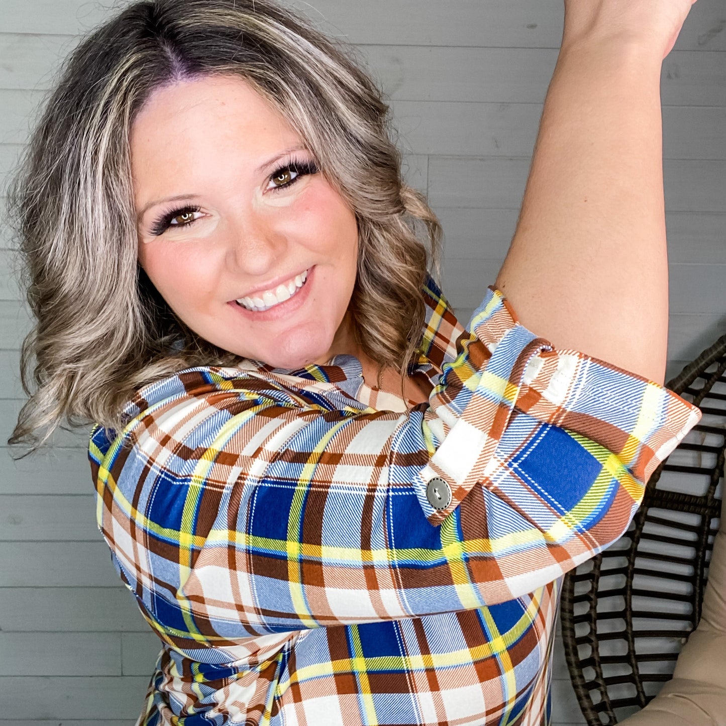 "Juniper" Plaid Lizzy 3/4 Sleeve Split Neck