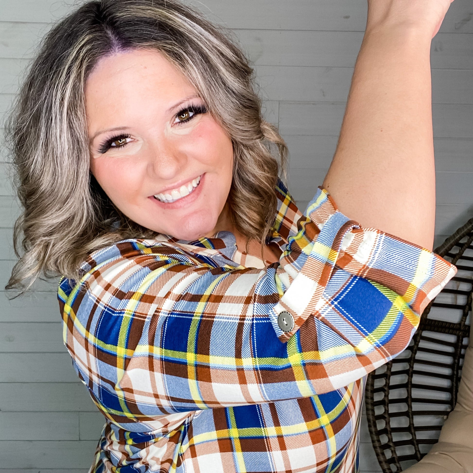 "Juniper" Plaid Lizzy 3/4 Sleeve Split Neck