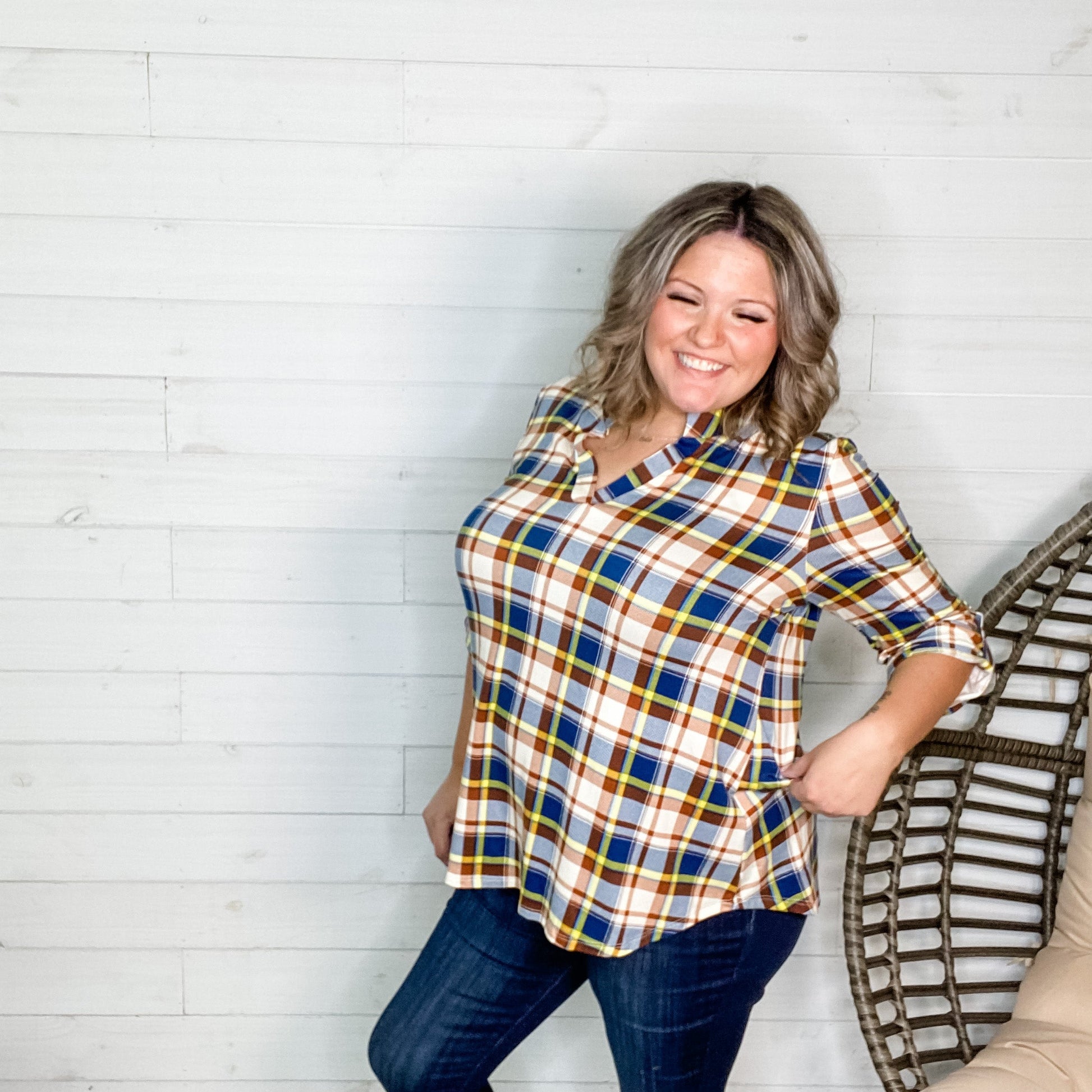 "Juniper" Plaid Lizzy 3/4 Sleeve Split Neck