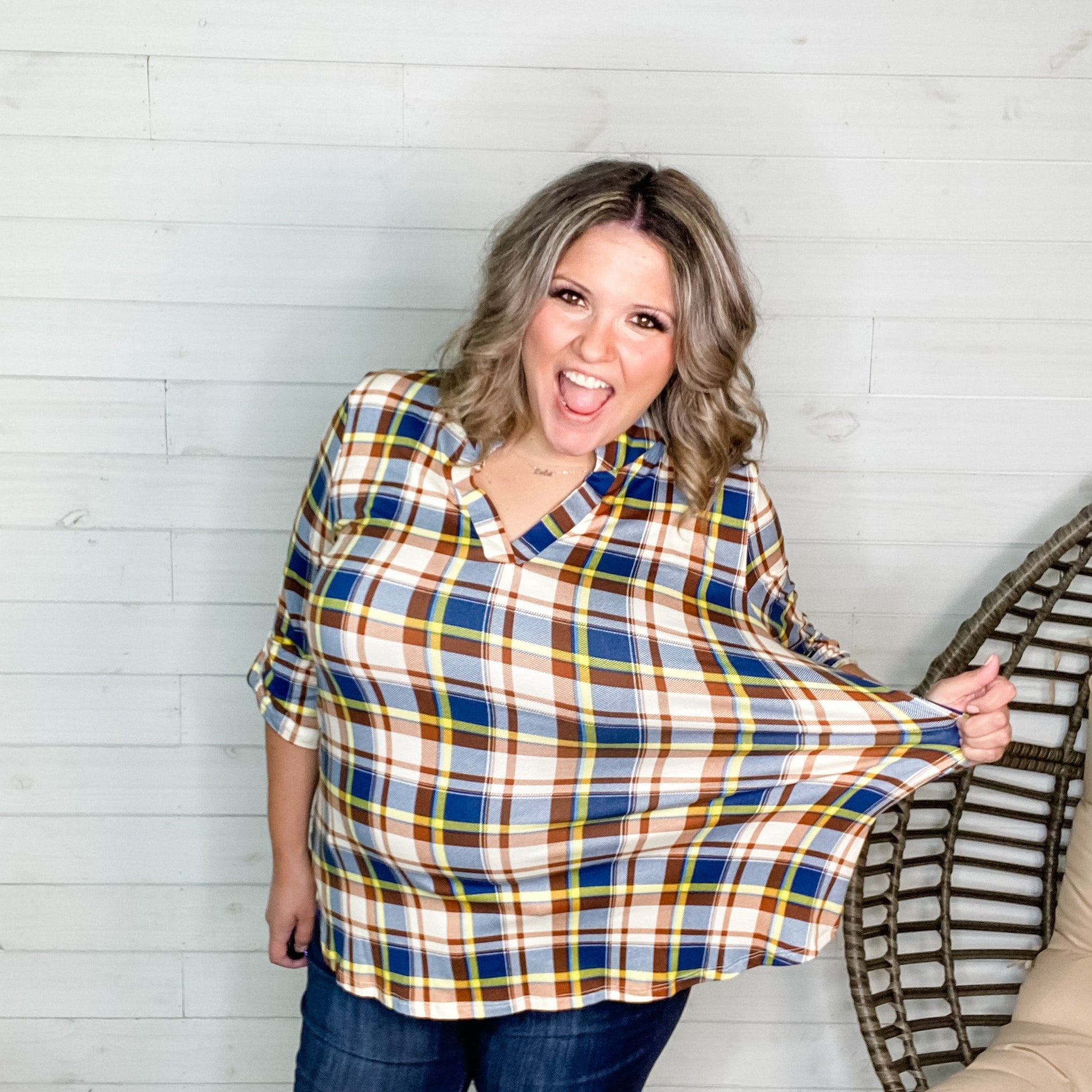 "Juniper" Plaid Lizzy 3/4 Sleeve Split Neck