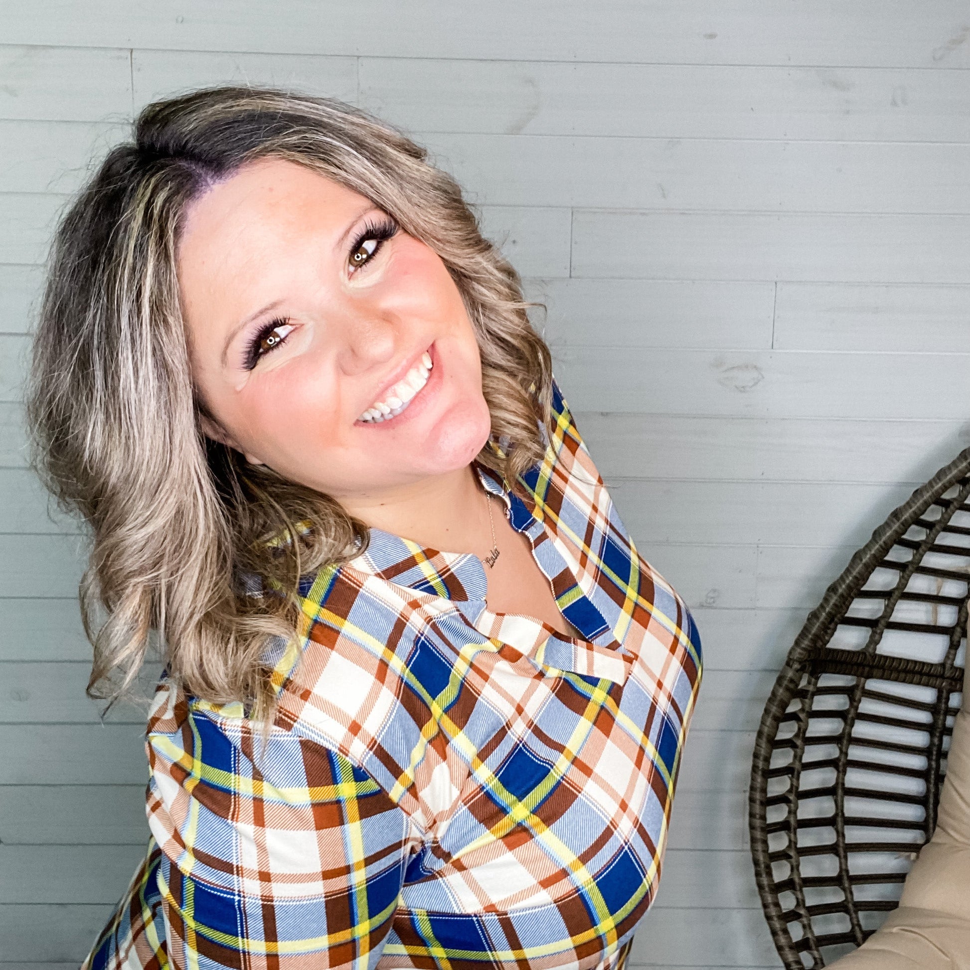 "Juniper" Plaid Lizzy 3/4 Sleeve Split Neck