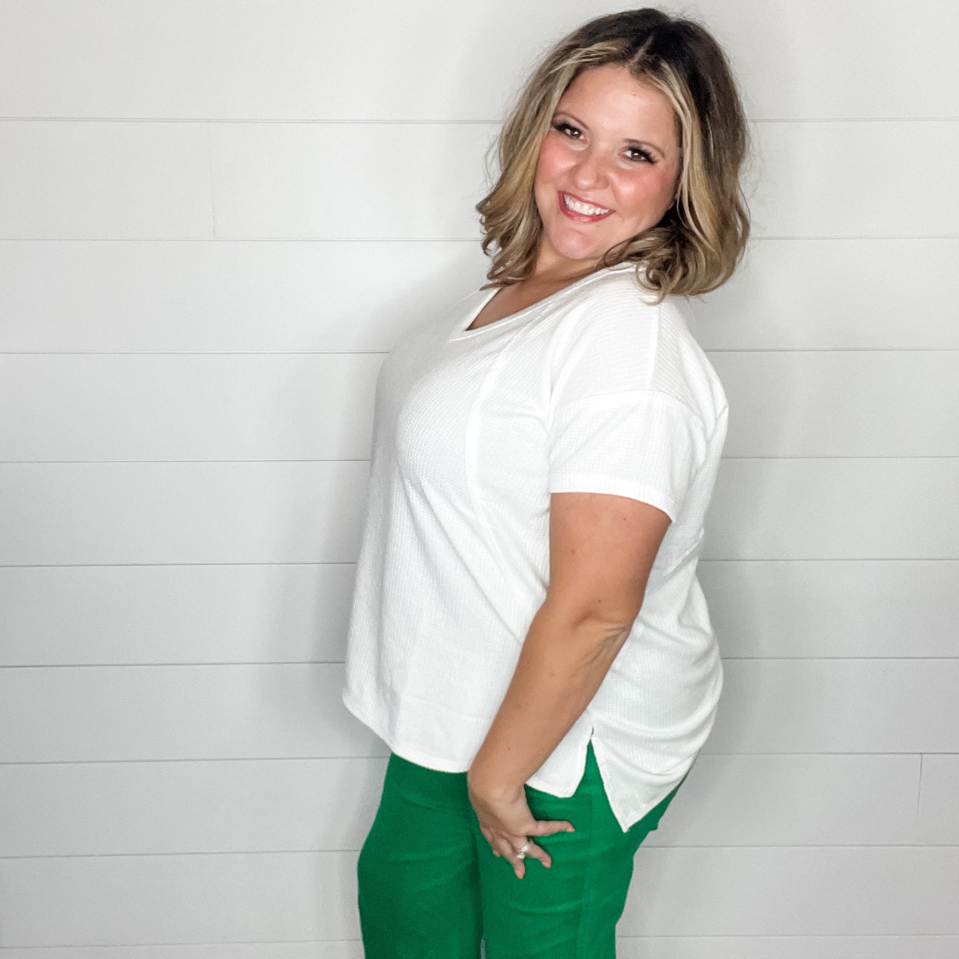 "Just Be You" Cap Sleeve U Neck Waffle Texture Tops (Ivory)