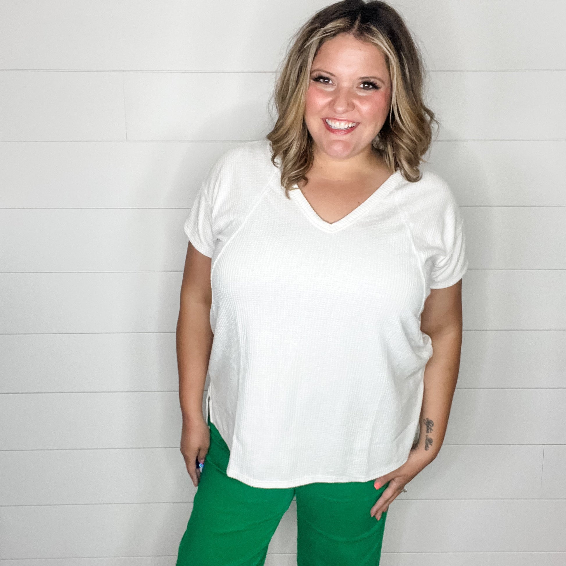 "Just Be You" Cap Sleeve U Neck Waffle Texture Tops (Ivory)