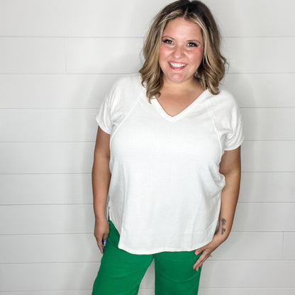 "Just Be You" Cap Sleeve U Neck Waffle Texture Tops (Ivory)
