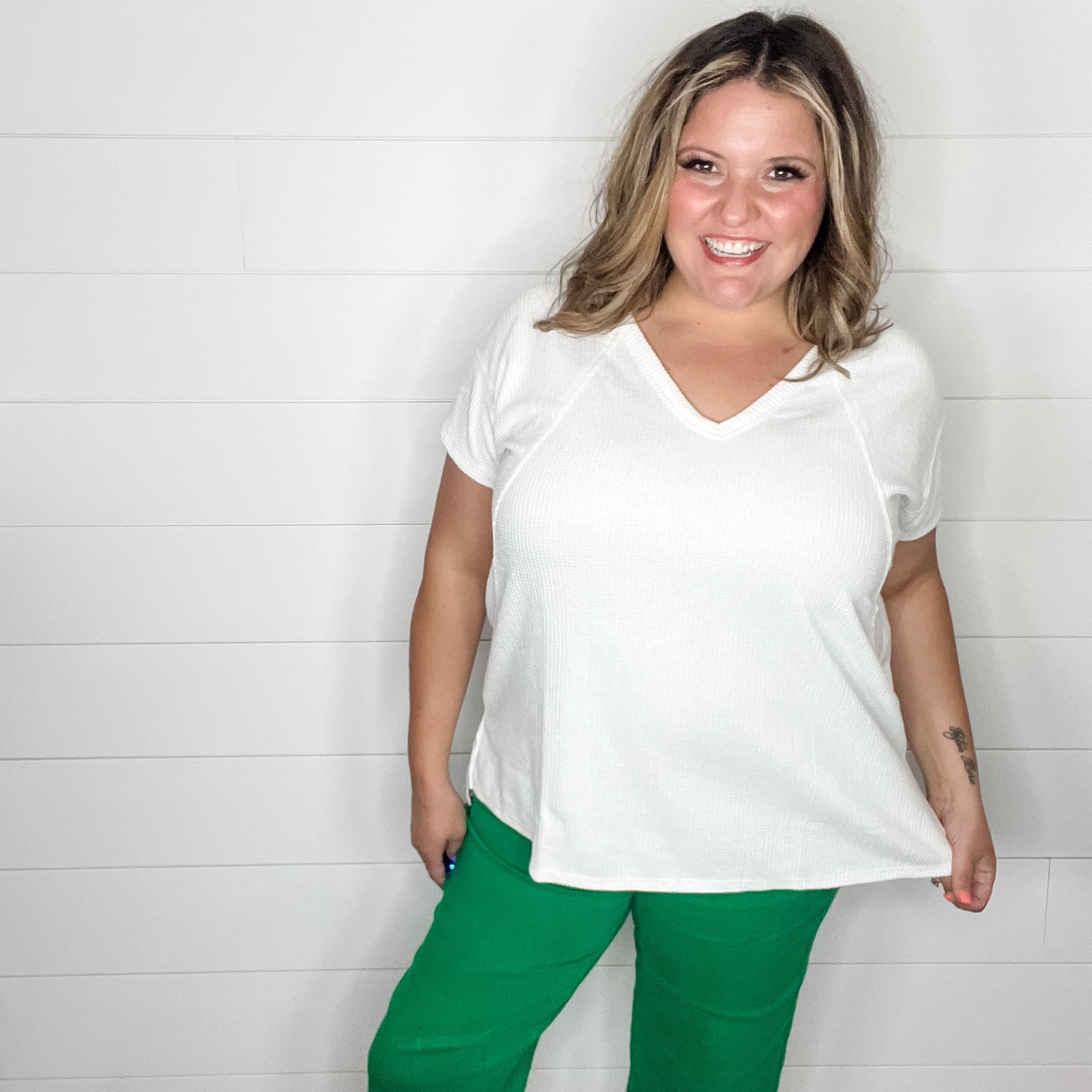 "Just Be You" Cap Sleeve U Neck Waffle Texture Tops (Ivory)